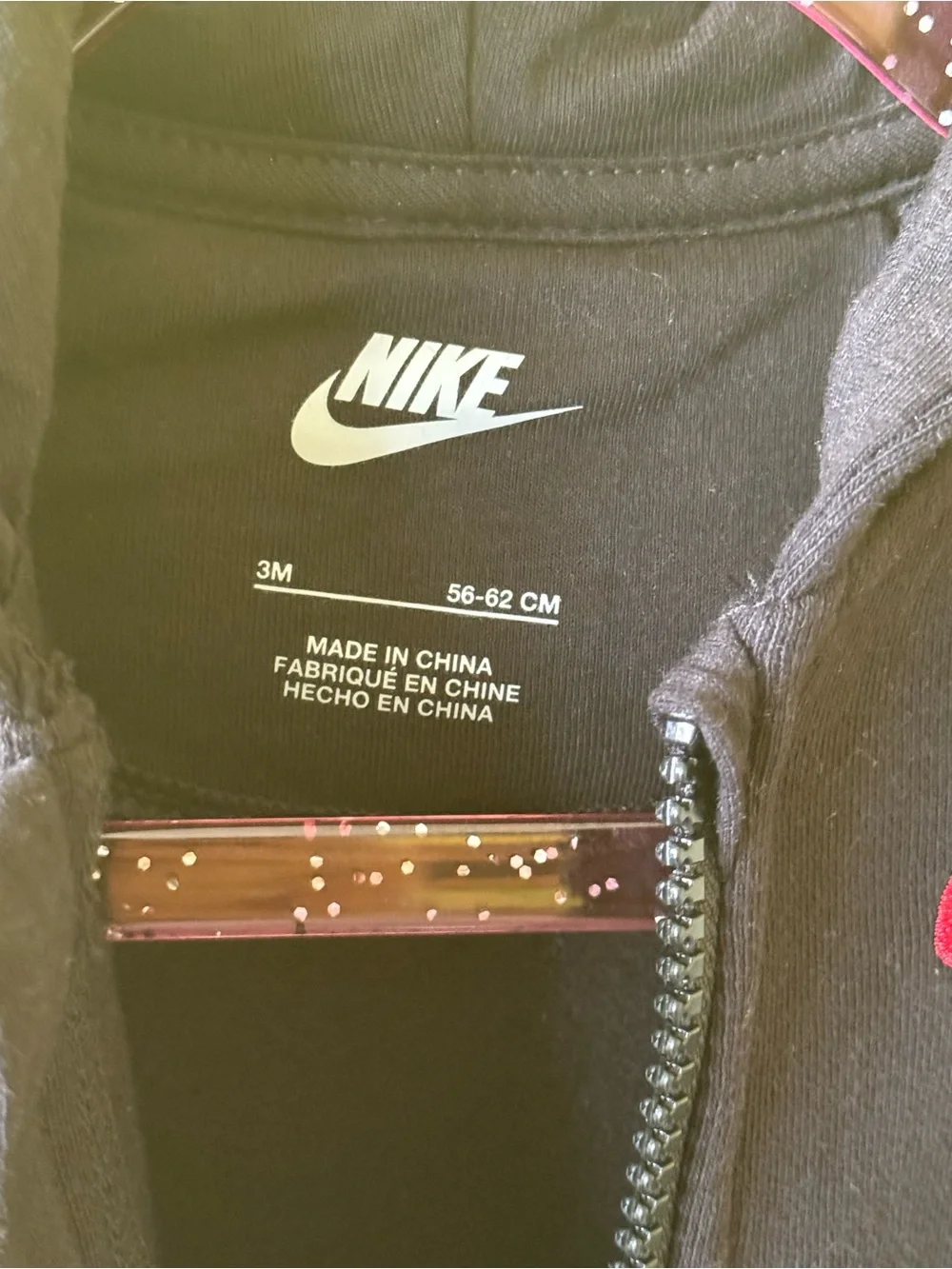 +NWT Nike Hooded Fleece Coverall Pram Black Red Swoosh Baby 3M